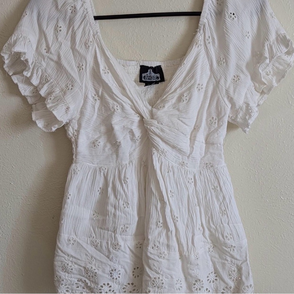 Angie White Eyelet Knot-Front Tunic Top